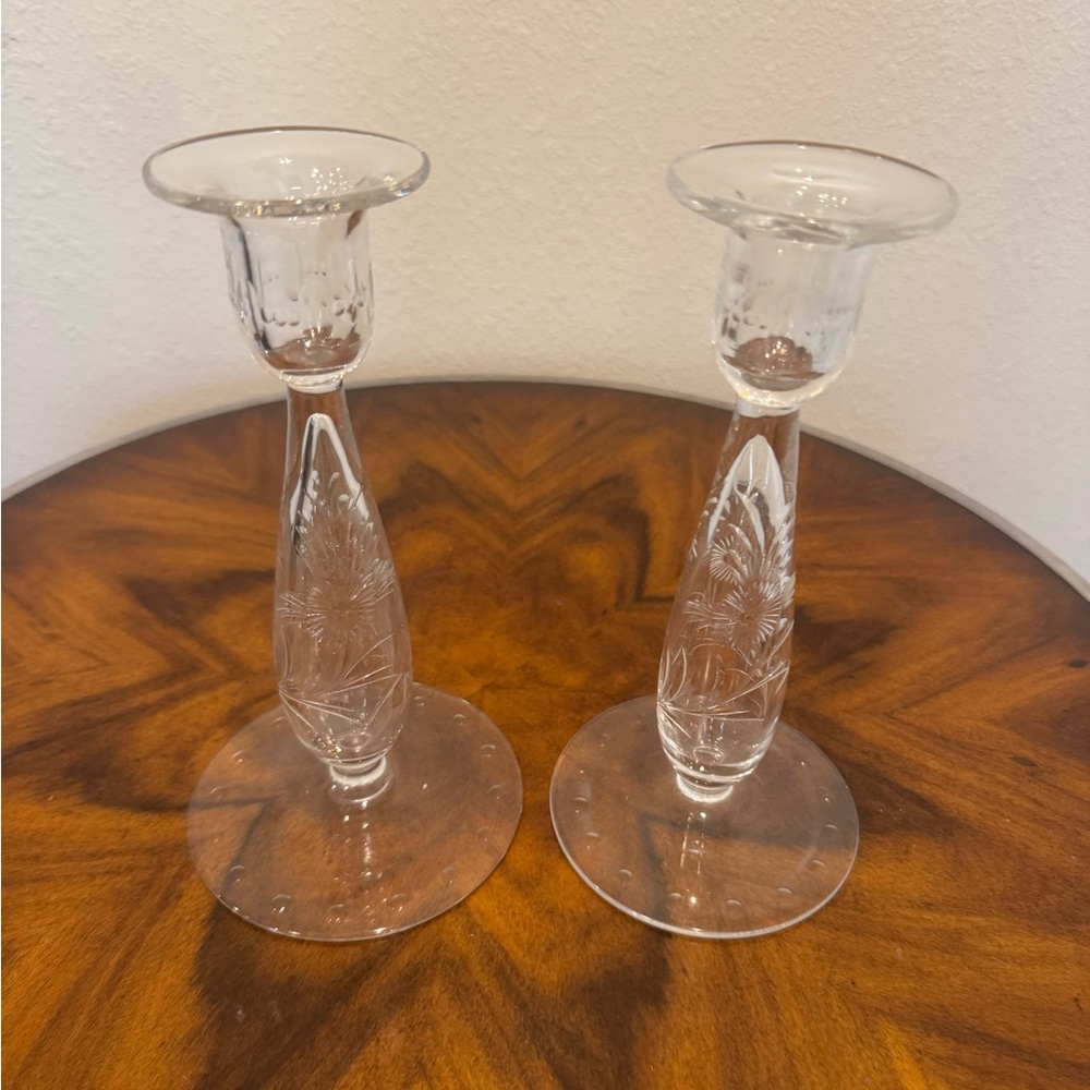 Pair of Antique Hawkes American Brilliant Cut Candle Holders Acid Etched Mark